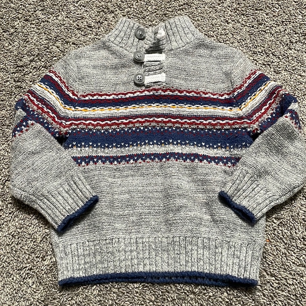 Cat & Jack Boys 2T Gray Sweater High Collar‎ w/buttons Neck blue yellow stripes